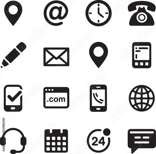 Fifteen Black Contact Icons Set Website Communication Symbols