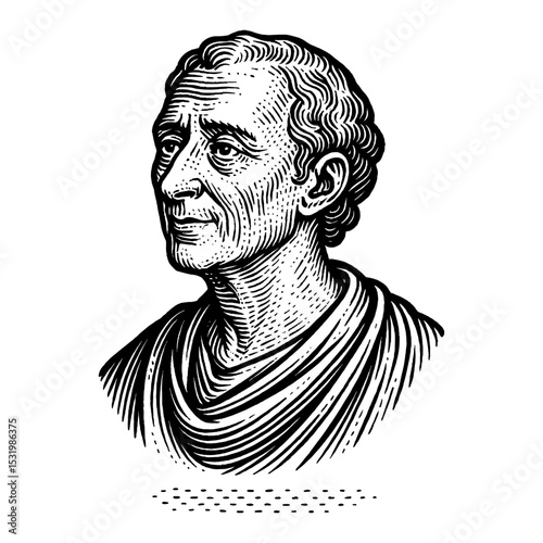 Portrait of Historical Man With Wavy Hair Black and White Outline Line Art Drawing