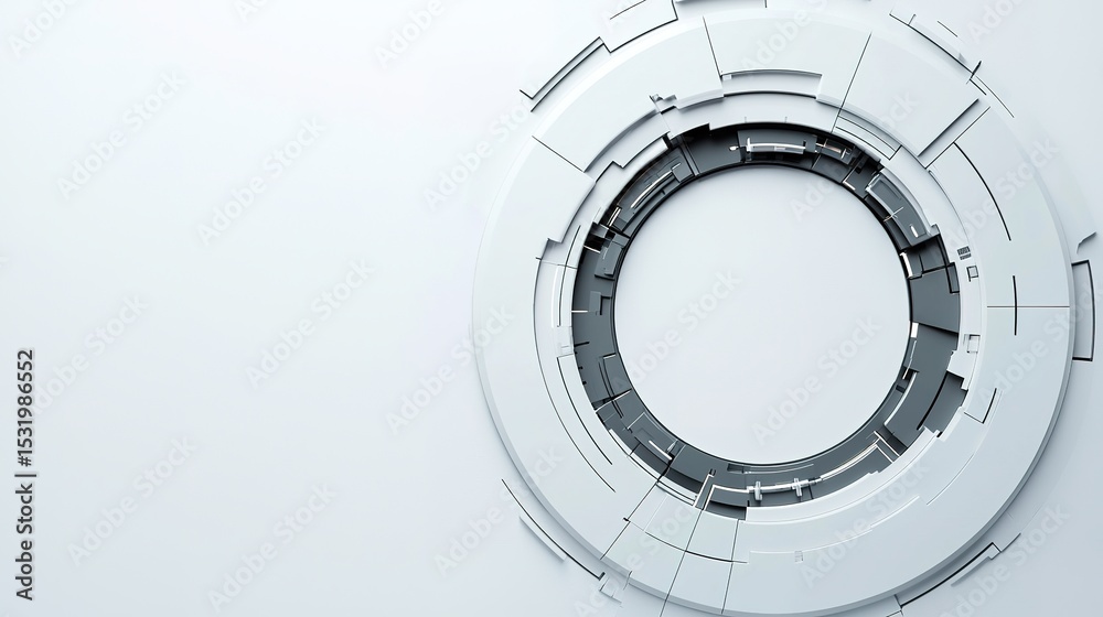 Fototapeta premium A futuristic white and gray circular interface design with geometric shapes on a light background.