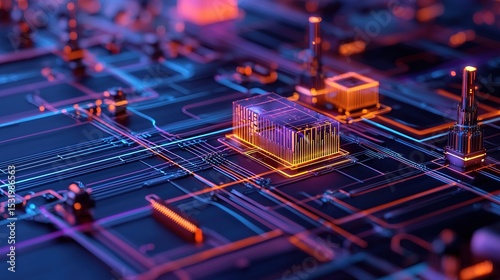 Futuristic microchip and circuit board with glowing neon lines, representing advanced technology and digital innovation.