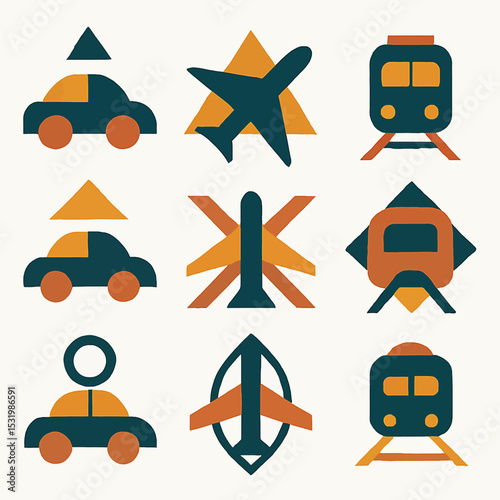 Transportation themed geometric icons featuring cars, planes, and trains in a grid