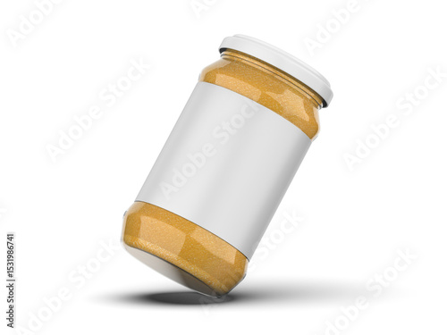 Mustard sauce jar mockup on isolated white background, mustard paste in a glass bottle, 3d illustration