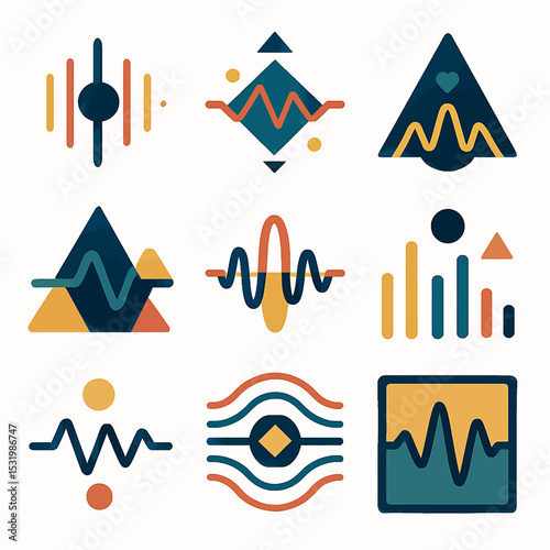 Abstract geometric patterns in teal blue and mustard yellow hues forming sound waves