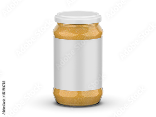 Mustard sauce jar mockup on isolated white background, mustard paste in a glass bottle, 3d illustration