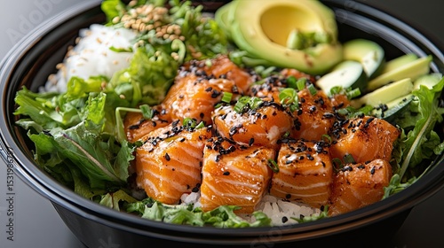 Elegant poke bowl with salmon, avocado, and fresh greens 