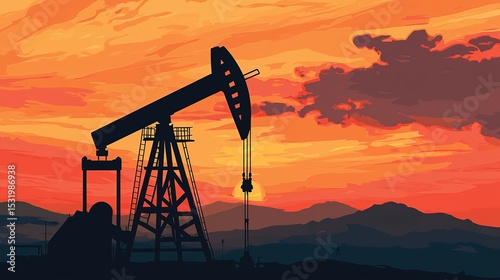 An oil pumpjack silhouetted against a vibrant sunset sky with mountains in the background.