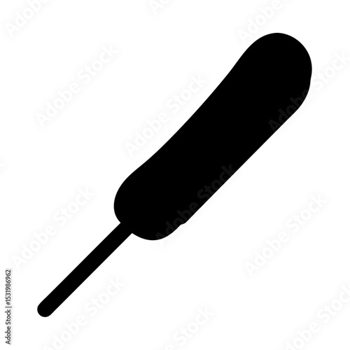 Silhouette of a black corn dog on a stick, isolated on white