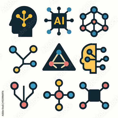 Artificial intelligence icons set featuring neural networks and machine learning concepts