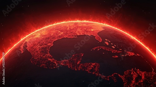A glowing, fiery view of Earth from space, highlighting North America and the surrounding regions with intense red light.