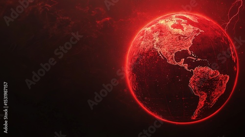 A glowing red digital rendering of Earth highlighting North and South America against a dark background, evoking a futuristic or urgent atmosphere.