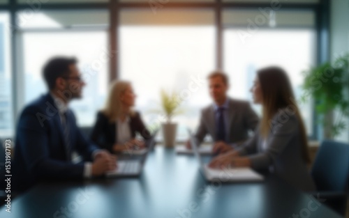 Blurred business people meeting in office interior with space for business brainstorming background design. High quality