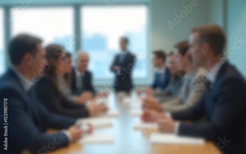 Blur office meeting blurred background with business people working group in boardroom discussion, executive seminar or professional training in enterprise. High quality
