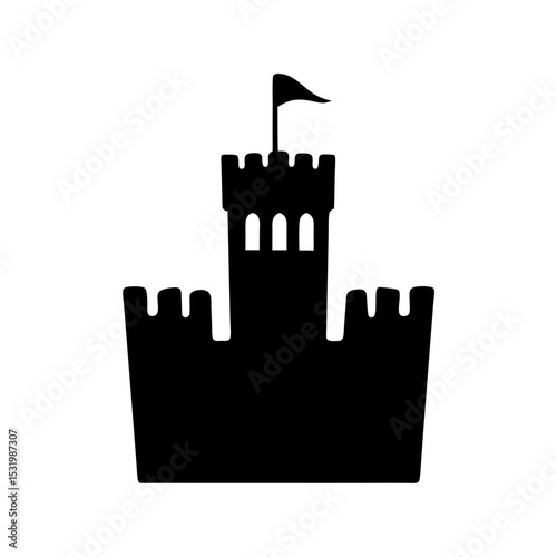 Simple black silhouette of a fairytale castle with a flag on top