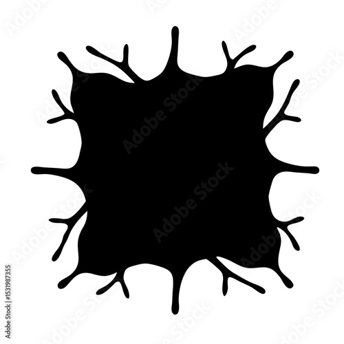 Abstract black ink blot with spiky protrusions and white background space