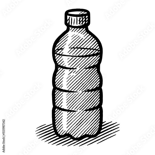 Plastic Bottle with Water Black and White Outline Line Art Drawing Ink Graphic Design