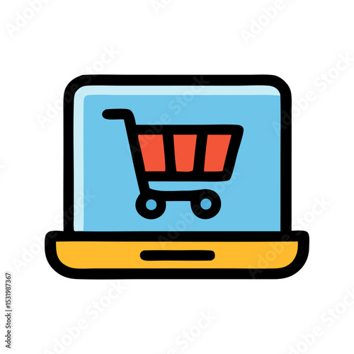 Online Shopping Cart: A vibrant icon depicting a shopping cart displayed on a laptop screen, symbolizing the convenience and ease of online shopping.