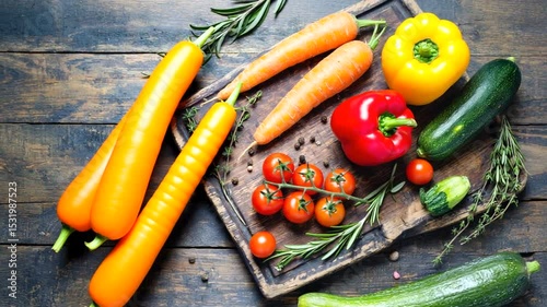 Freshly harvested vegetables including carrots, bell peppers, and tomatoes arranged on a wooden board
