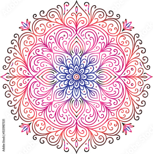 Radiant Mandala: A symmetrical mandala radiates peace and harmony, with swirling floral motifs, intricate patterns, and a spectrum of vibrant colors, evokes a sense of balance and tranquility.