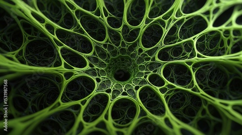 Abstract green organic network pattern with a central black hole, resembling plant cells or microscopic structures.