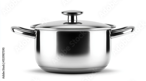 A gleaming stainless steel saucepan with two handles and a fitted lid, sits on a white background, casting a subtle shadow.  The pot is round with a slightly curved body