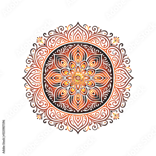 Ornate Mandala Design: A stunning, symmetrical mandala design, rendered in vibrant warm colors with intricate patterns and symbolic details, representing beauty and tranquility.