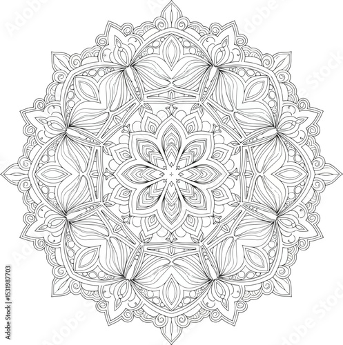 Intricate Mandala: A captivating mandala, meticulously illustrated with exquisite detail, showcases a mesmerizing array of symmetrical patterns.