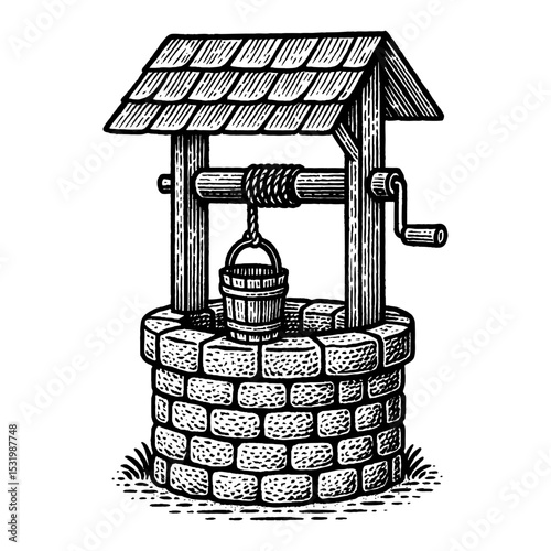 Rustic Water Well with Bucket Black and White Outline Line Art Drawing Vintage Illustration