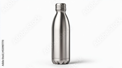 Sleek, tall, silver stainless steel water bottle with a textured screw-on cap and a slightly indented base for grip, isolated on a white background, showcasing its metallic sheen and modern design