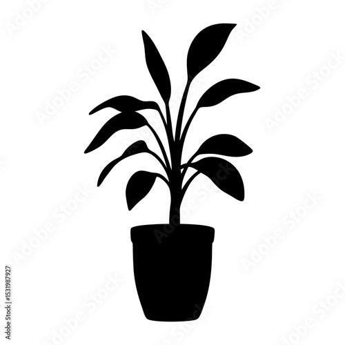 Black silhouette of a potted plant with leaves on a white background