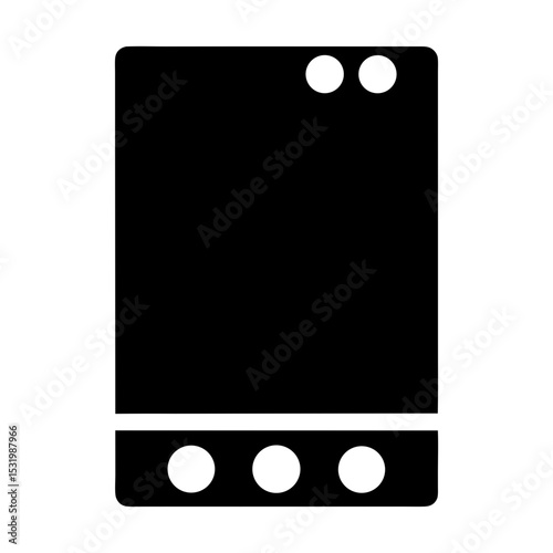 Black electronic device with white circles representing display and controls