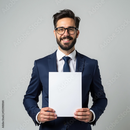 Professional portrait of a businessman in a navy blue suit holding a blank A4 paper sheet with both hands, isolated on light gray background
