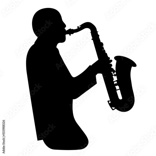 Black silhouette illustration of a man playing a saxophone with white background