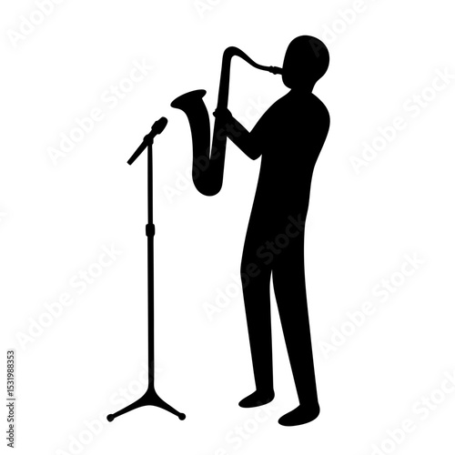 Silhouette of a musician playing the saxophone on stage with microphone