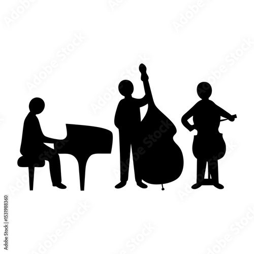 Black and white silhouette illustration of a jazz trio performing music together