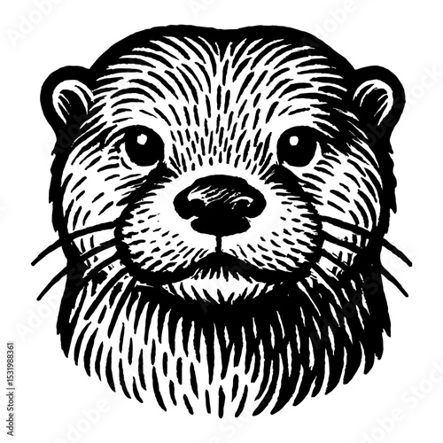 Detailed Otter Head Front View Black and White Outline Line Art Drawing Illustration