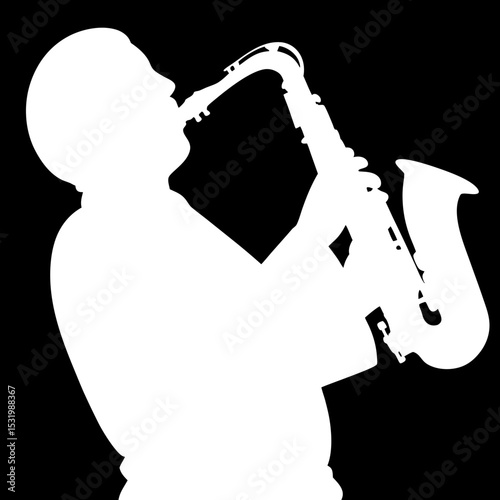 Silhouette of a person playing a saxophone against a black background