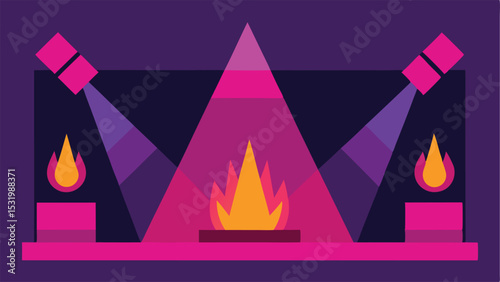 Abstract geometric stage design with fire elements and dramatic lighting on white