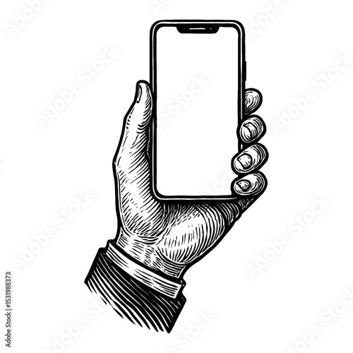 Hand Holding Smartphone Device Black and White Outline Line Art Drawing Vintage Style Detailed