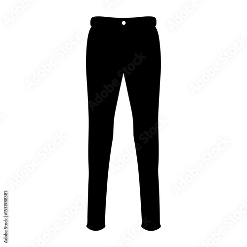 Black trousers with a button at the waist against a white background