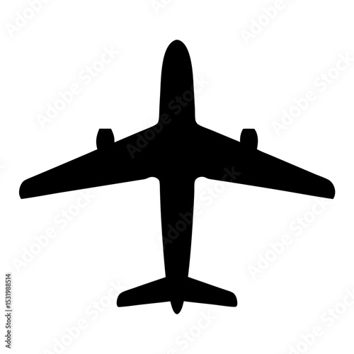 Black silhouette of a passenger airplane viewed from above on white background