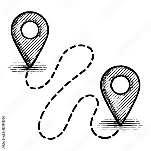 Route with Location Pin Markers in Black and White Outline Line Art Drawing Illustration Style