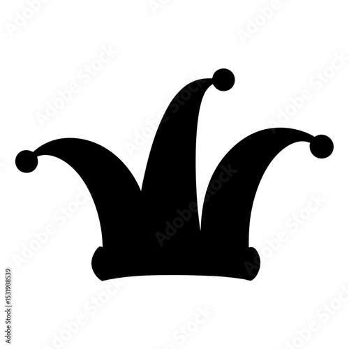 Black and white jester hat silhouette with pom poms on a white background