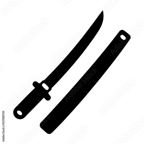 A black silhouette of a Katana sword with scabbard on white background