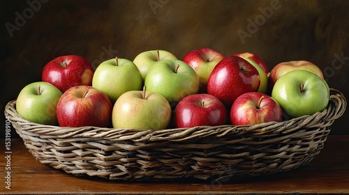 Basket of Fresh Red and Green Apples on a Wooden Table 