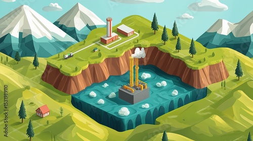 A stylized illustration of a geothermal power plant operating underground beneath a mountainous landscape with pine trees and buildings.