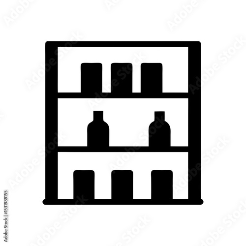 Stylized black and white icon of a three shelf display case