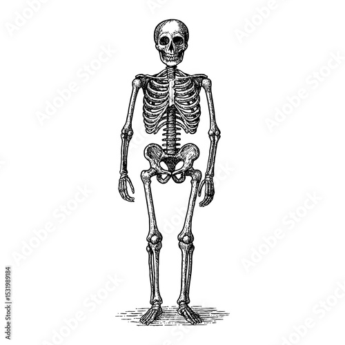 Skeleton Anatomy Full Body Standing Front View Black and White Outline Line Art Drawing