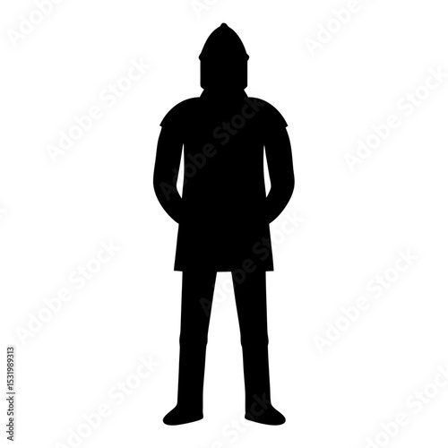 Silhouette of a medieval warrior or soldier wearing helmet and simple armor