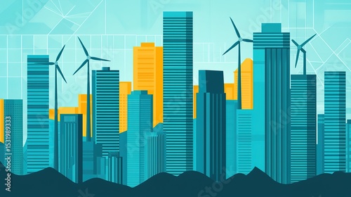 Modern city skyline with tall buildings and wind turbines, representing sustainable urban development and clean energy.