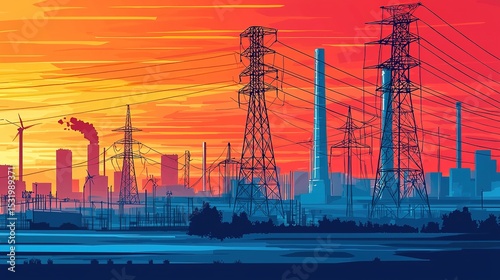A vibrant industrial cityscape at sunset featuring power lines, wind turbines, factories, and smokestacks.